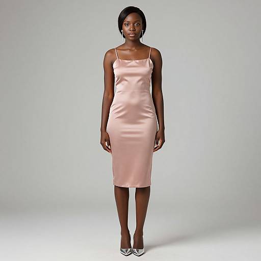 Photograph of an African-American woman with dark skin wearing a silky, pale pink, knee-length, spaghetti-strap dress and silver pointed-toe heels