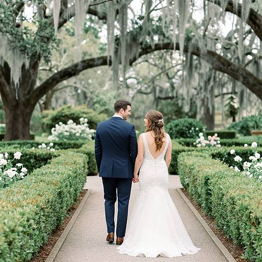 Photograph of a bride in a white, backless wedding dress and groom in a navy suit walking hand-in-hand down a floral garden path with hanging