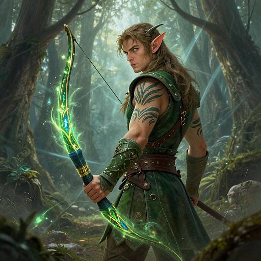 Digital fantasy artwork of a muscular, tattooed elven archer with pointed ears, green armor, and glowing neon bow in a misty forest.