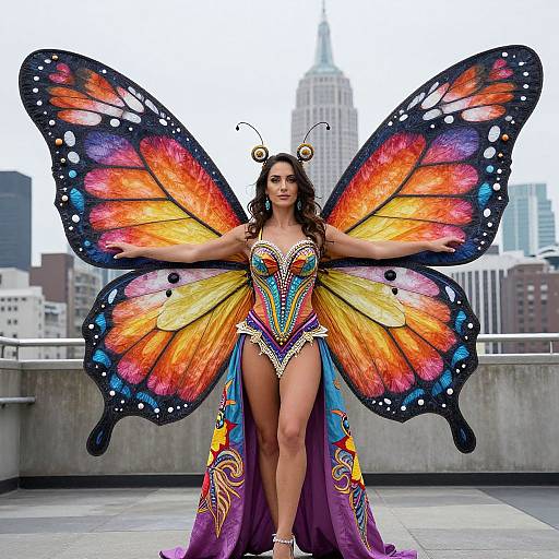 Photograph of a woman with large, vibrant butterfly wings, wearing a colorful, revealing butterfly-themed costume, standing on a rooftop with city skyline in the