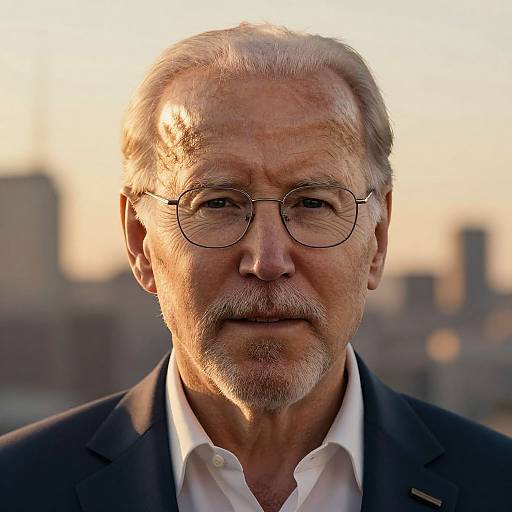 Photograph of an elderly man with gray hair, glasses, and beard, wearing a dark blazer and white shirt, sunlit against a blurred city