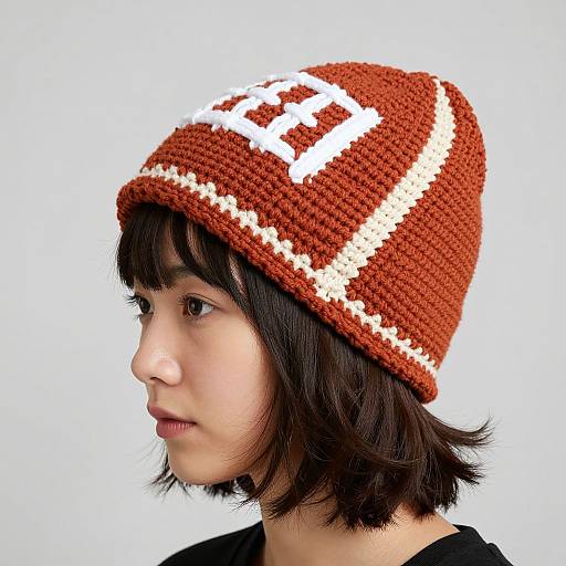 Photograph of an Asian woman with short black hair wearing a handmade, crocheted red and white football-themed beanie against a plain white background.