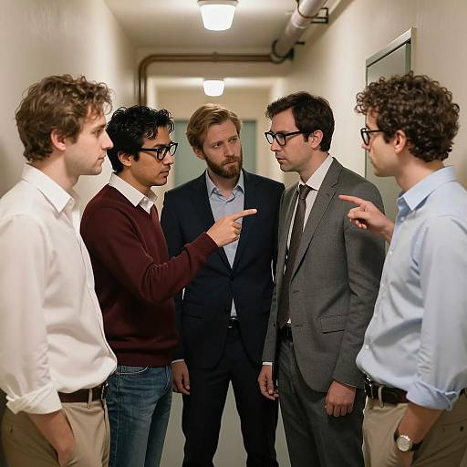 Intense Confrontation Among Men in Corridor