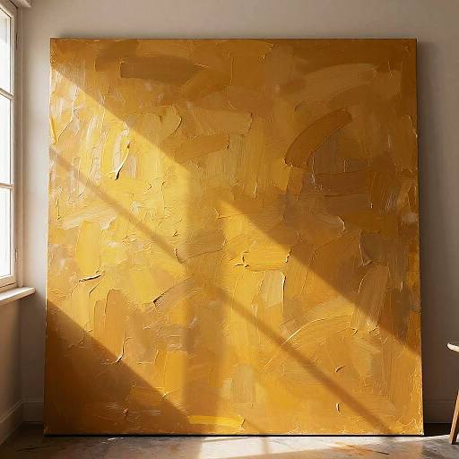 Photograph of a vibrant, textured, golden-orange abstract painting with sunlight casting a diagonal shadow across it, mounted on a white wall.