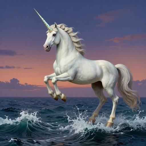 Photorealistic digital art of a white unicorn with a gleaming horn, galloping on ocean waves against a vibrant sunset sky.