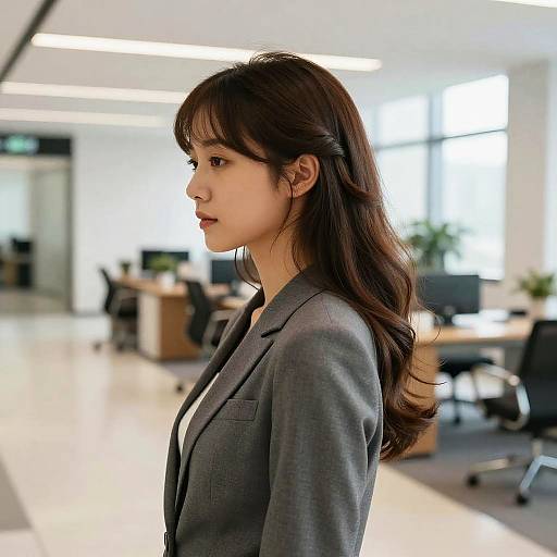 Photograph of an Asian woman with long brown hair, wearing a gray blazer, standing in a bright, modern office with desks and chairs in the
