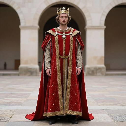 Photograph of a man in a red and gold royal robe, gold crown, standing in a stone archway courtyard.