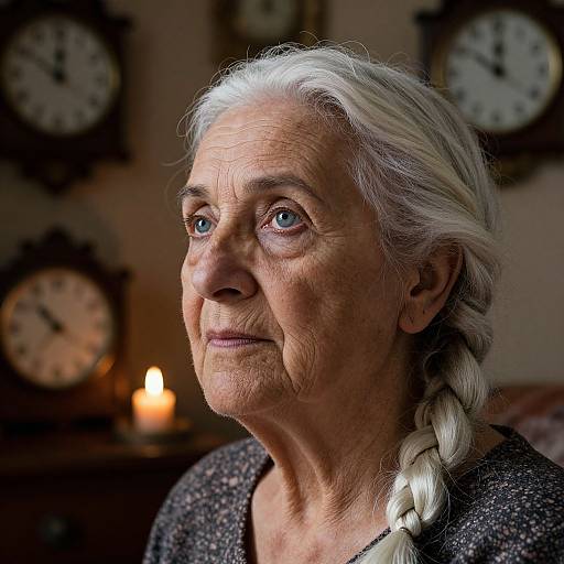 Photograph of elderly woman with white braided hair, blue eyes, wrinkled skin, wearing black speckled top, against blurred clock wall background