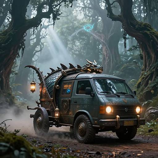 Digital fantasy artwork of a dark green, rugged van with dragon skulls on the roof, driving through a misty, enchanted forest. Glowing lanterns