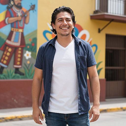 Photograph of a smiling Latino man with medium build, dark curly hair, wearing a navy shirt over a white tee, standing in front of a colorful