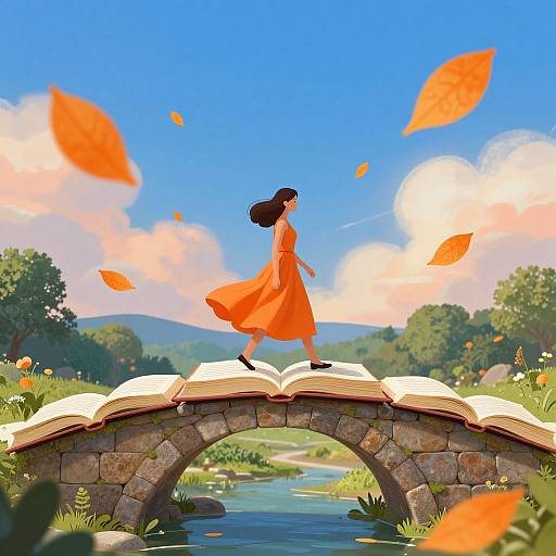 Digital illustration of a girl in an orange dress walking on an open book bridge over a river, with vibrant orange leaves floating in a bright blue sky.