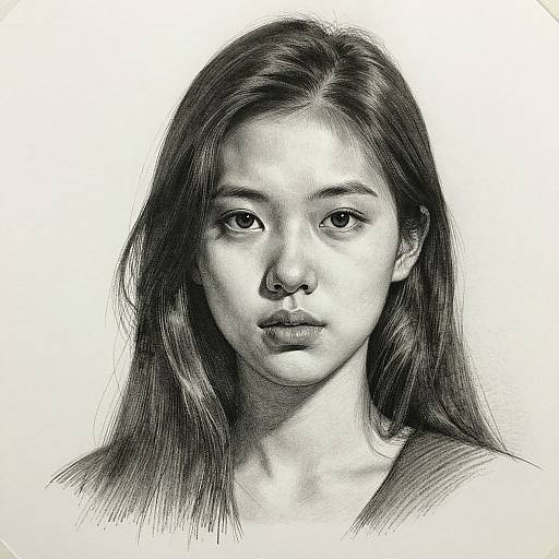Detailed black-and-white pencil drawing of an East Asian woman with long hair, neutral expression, and delicate features, centered on a white background.