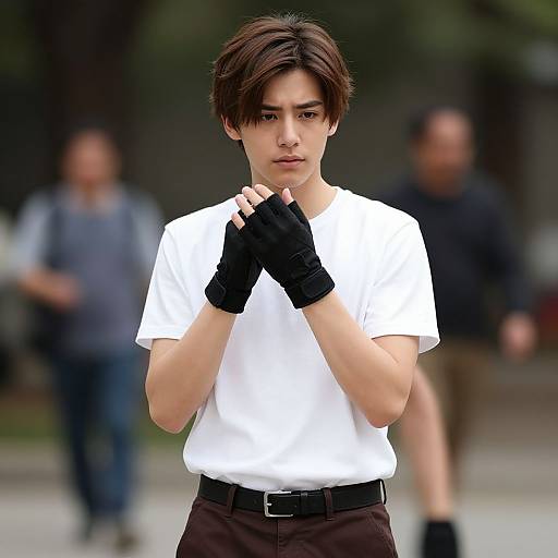 Photograph of a young Asian man with short brown hair, wearing a white t-shirt, black fingerless gloves, and brown pants, standing confidently with