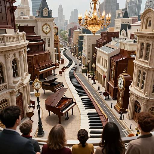Photograph-style CGI of a whimsical, vintage city street with grand pianos on a keyboard road, ornate clocks, and a golden chandelier