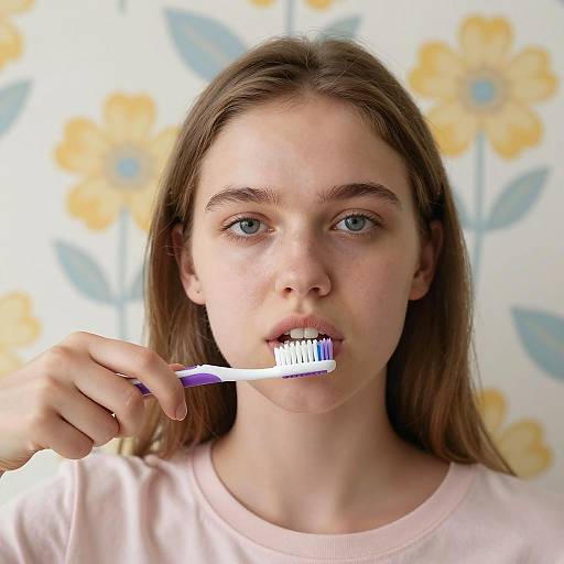 Young Woman Brushing Teeth with Purple Toothbrush