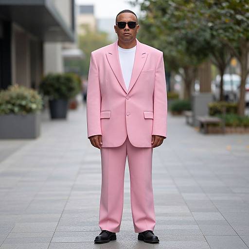 Photograph of a bald Black man in a pastel pink suit, white shirt, black shoes, and sunglasses, standing on a modern, urban sidewalk