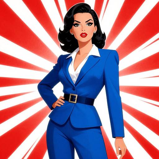 Digital illustration of a confident woman with black hair in a blue business suit, white shirt, and black belt, standing against a vibrant red and white radial