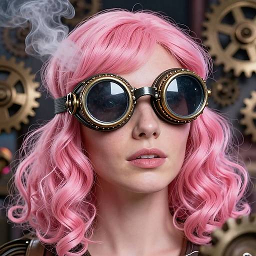 Digital artwork of a pale-skinned woman with pink curly hair, wearing steampunk goggles, and a smoke curling from her head, against a