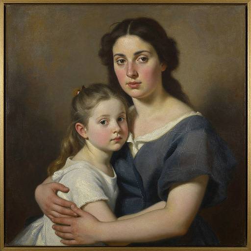 Photograph-style oil painting of a fair-skinned woman with dark hair embracing a young girl in a white dress, both with gentle expressions, against a