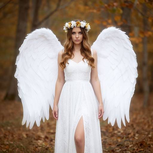 Photograph of a long-haired brunette woman with white angel wings, wearing a white lace dress and flower crown, standing in a fall forest.