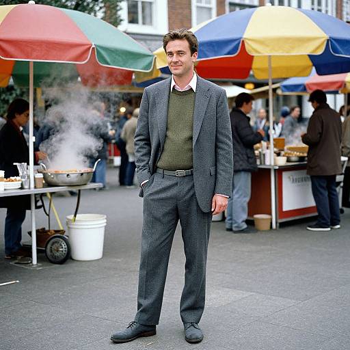 Man in Gray Suit at Vibrant Plaza