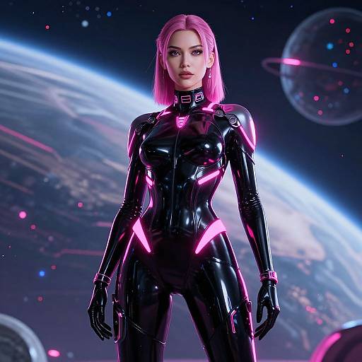 Digital art of a pink-haired woman in a black, neon-pink latex spacesuit standing confidently in a cosmic background with planets.