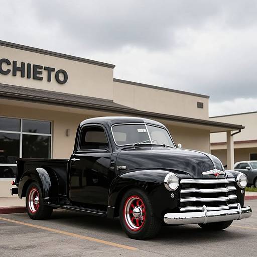 Photograph of a sleek, black, vintage 1940s Ford truck with red wheels, parked in front of a Chevrolet dealership. Overcast sky