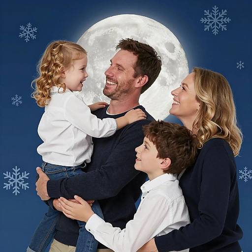 Joyful Family Portrait Under Full Moon