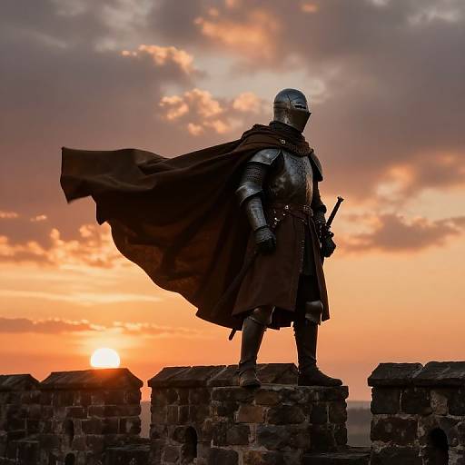 Silhouetted knight in steel armor and flowing dark cape stands on ruins at sunset, holding sword, with orange sky and clouds behind.