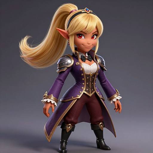 CGI fantasy elf girl with blonde hair in a high ponytail, red eyes, wearing a purple and gold armored jacket, black pants, and black