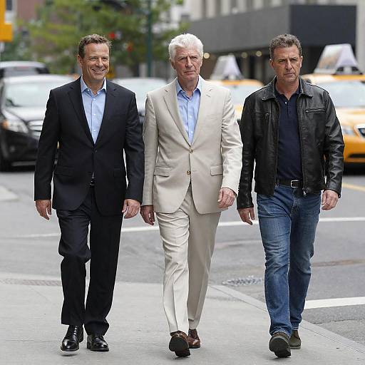 Three Men Walking in Urban City Scene