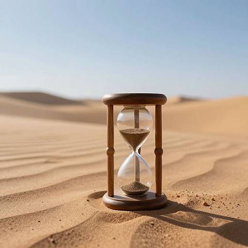 Photograph of a wooden hourglass standing on golden sand dunes under a clear blue sky, with sunlight casting shadows on the sand.