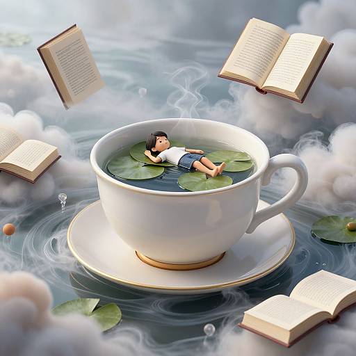 Digital artwork: A young man in a white shirt and blue shorts floats in a white teacup filled with water and lily pads, surrounded by