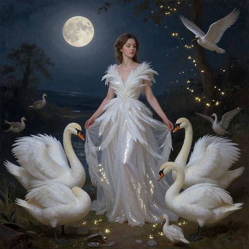 Photograph of a woman in a shimmering white, feathered gown, standing under a full moon, surrounded by four white swans and glowing stars