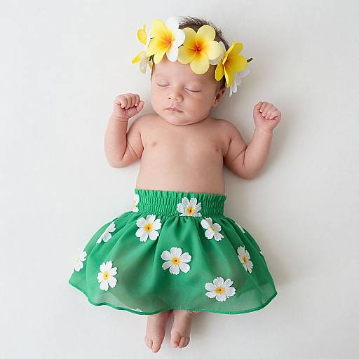 Photograph of a sleeping baby with light skin, wearing a green floral skirt and yellow flower headband, against a white background.