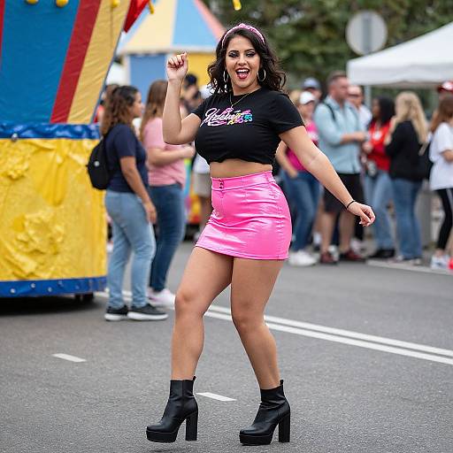 Photograph of a confident, dark-haired woman with medium skin tone, wearing a black crop top, pink mini skirt, and black high-heeled boots