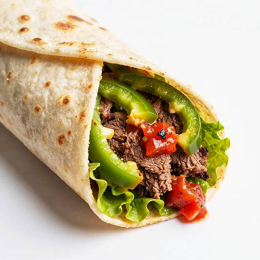 Close-up photograph of a beef taco wrap with shredded beef, green avocado, red diced tomatoes, and leafy lettuce inside a lightly toasted flour tortilla