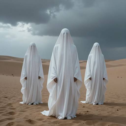 Photograph of three mysterious, white-robed figures with veiled heads standing in a desert under a cloudy sky, creating an eerie, ghostly atmosphere