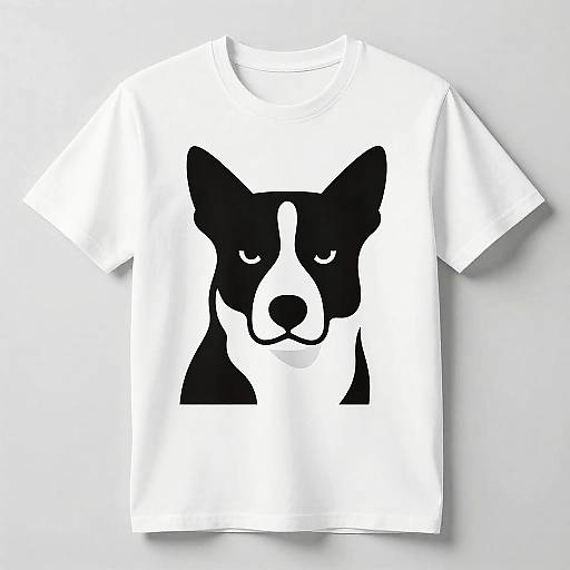 Black and white graphic t-shirt featuring a minimalist, stern-looking black and white dog face with bold, contrasting colors.