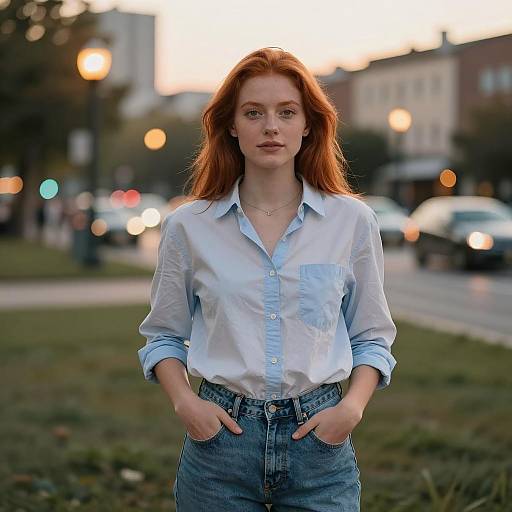 Young Redhead Woman in Casual Outfit at Park
