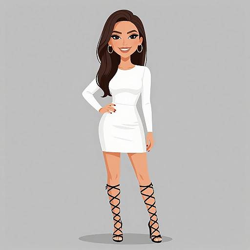Digital illustration of a confident woman with long black hair, wearing a white long-sleeve mini dress, black lace-up sandals, and large hoop earrings