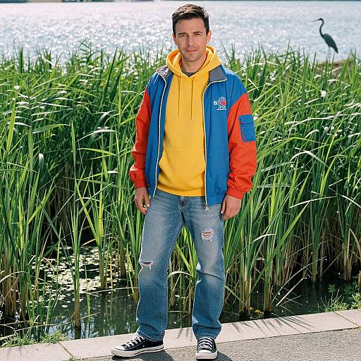 Photograph of a man with short brown hair, wearing a yellow hoodie, blue and red jacket, ripped jeans, and black sneakers, standing in front