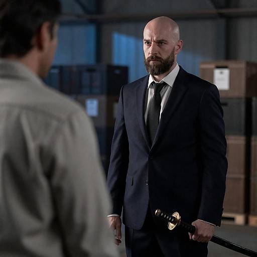 Warehouse Standoff: Bald Man with Katana