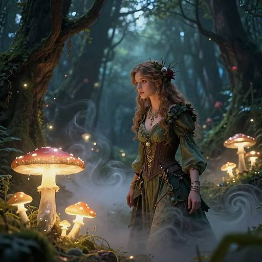 Fantastical forest scene with a fairytale-style woman in green dress, glowing mushrooms, mist, and twinkling fireflies. Digital art.