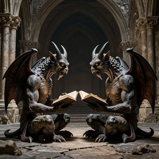 Photorealistic digital art of two muscular, horned, black-winged demons sitting in a dark, gothic cathedral, reading an open book with