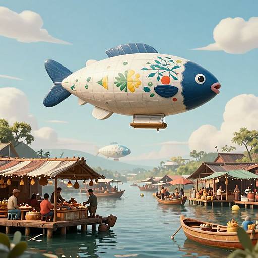 Whimsical digital illustration of a fish-shaped hot air balloon floating over a bustling, colorful floating market with wooden boats and thatched roofs under a bright