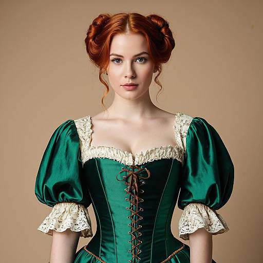 Woman in Renaissance-Style Green Satin Dress