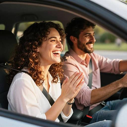 Photograph of a smiling curly-haired woman in a white blouse and a bearded man in a pink shirt driving a car together.