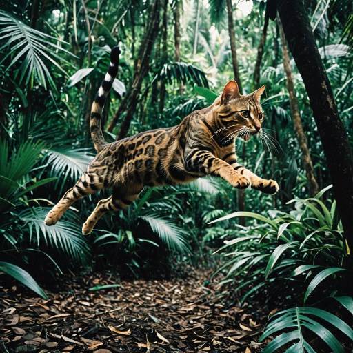 Bengal Cat Leaping in Tropical Forest Bengal Cat Leaping in Tropical Forest