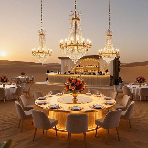Photograph of a luxurious desert wedding reception with three grand chandeliers, round glowing tables, elegant chairs, and vibrant floral centerpieces under a sunset